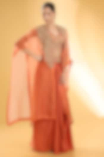 Saffron Orange Organza Hand & Machine Embroidered Cape Set by Petticoat Lane at Pernia's Pop Up Shop