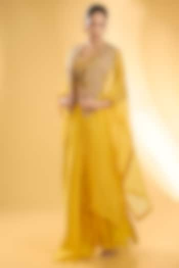 Yellow Organza Hand & Machine Embroidered Cape Set by Petticoat Lane at Pernia's Pop Up Shop