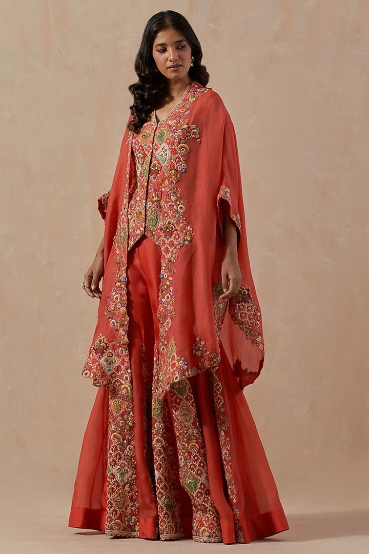 Bright Red Organza Cape Set by Petticoat Lane at Pernia's Pop Up Shop