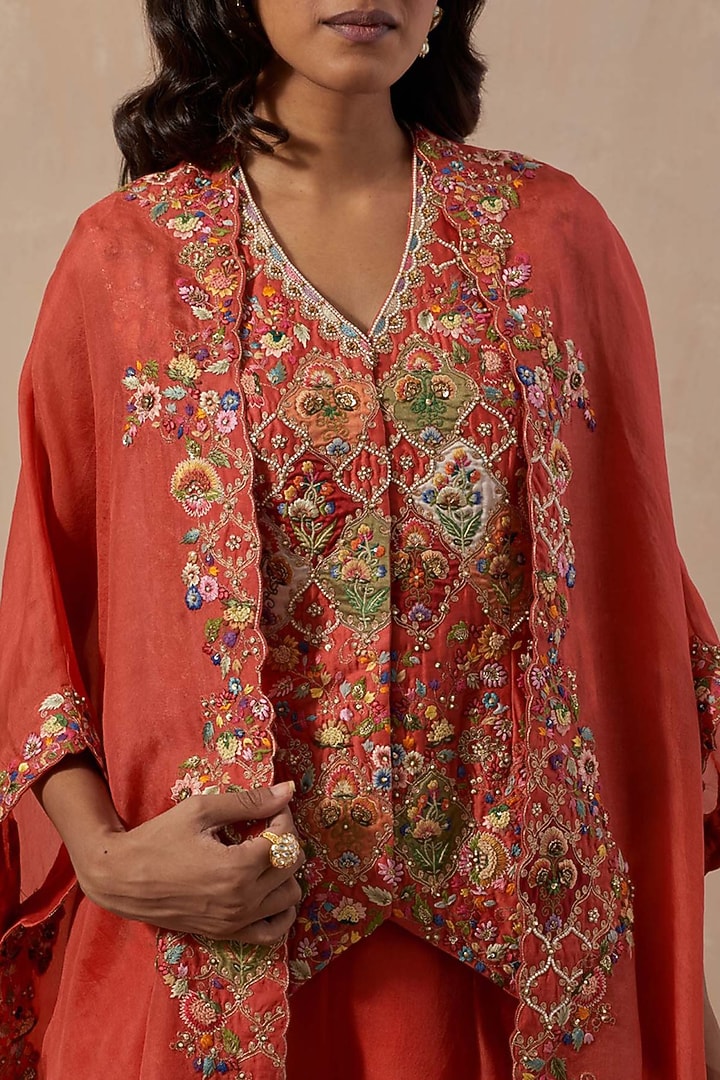 Bright Red Organza Cape Set by Petticoat Lane at Pernia's Pop Up Shop