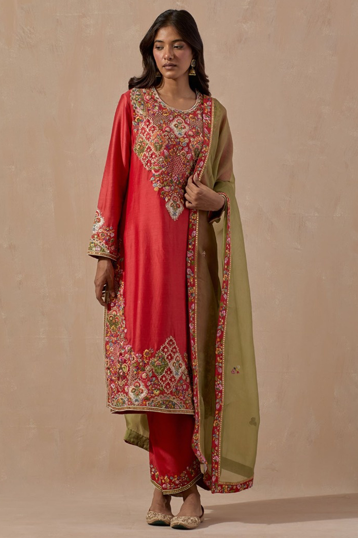 Bright Red Chanderi Kurta Set by Petticoat Lane at Pernia's Pop Up Shop