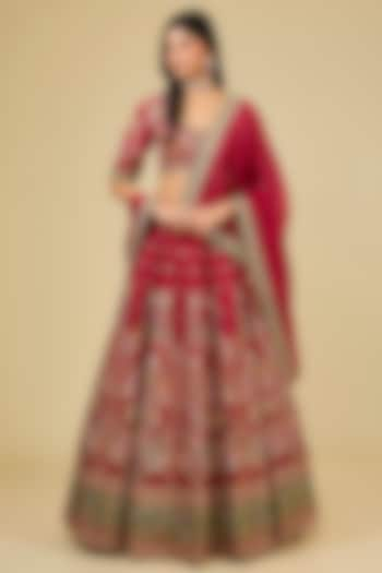 Red Raw Silk Hand & Machine Embroidered Bridal Lehenga Set by Petticoat Lane at Pernia's Pop Up Shop