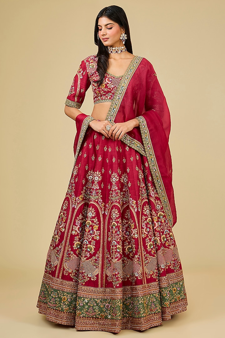 Red Raw Silk Hand & Machine Embroidered Bridal Lehenga Set by Petticoat Lane at Pernia's Pop Up Shop