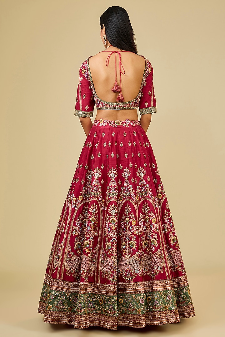 Red Raw Silk Hand & Machine Embroidered Bridal Lehenga Set by Petticoat Lane at Pernia's Pop Up Shop
