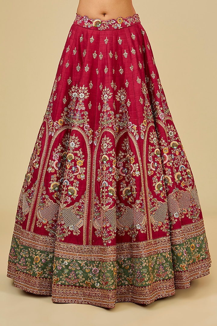 Red Raw Silk Hand & Machine Embroidered Bridal Lehenga Set by Petticoat Lane at Pernia's Pop Up Shop