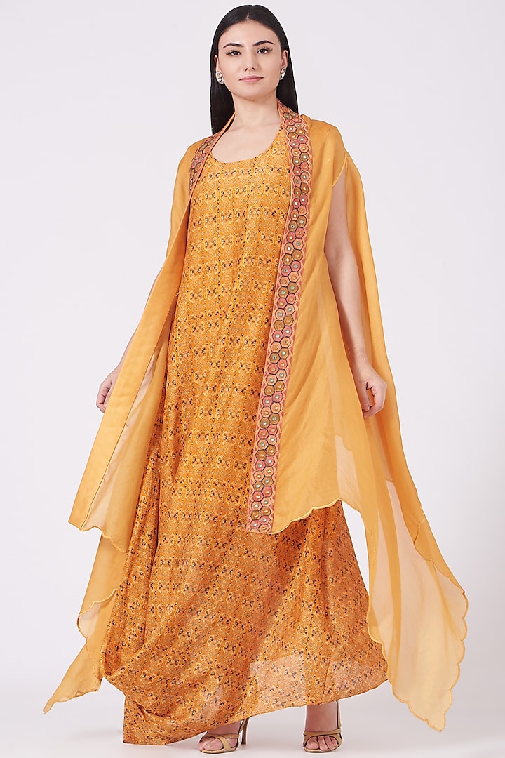 Yellow Printed Anarkali With Cape by Petticoat Lane