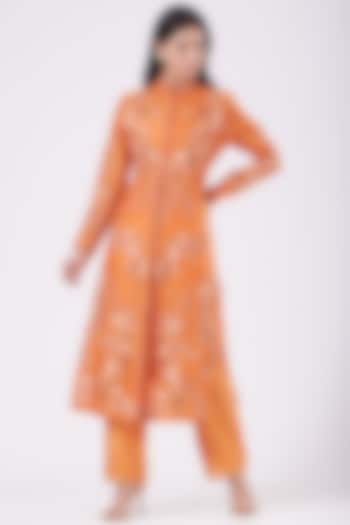 Orange Jacket Kurta Set With Applique Work by Petticoat Lane