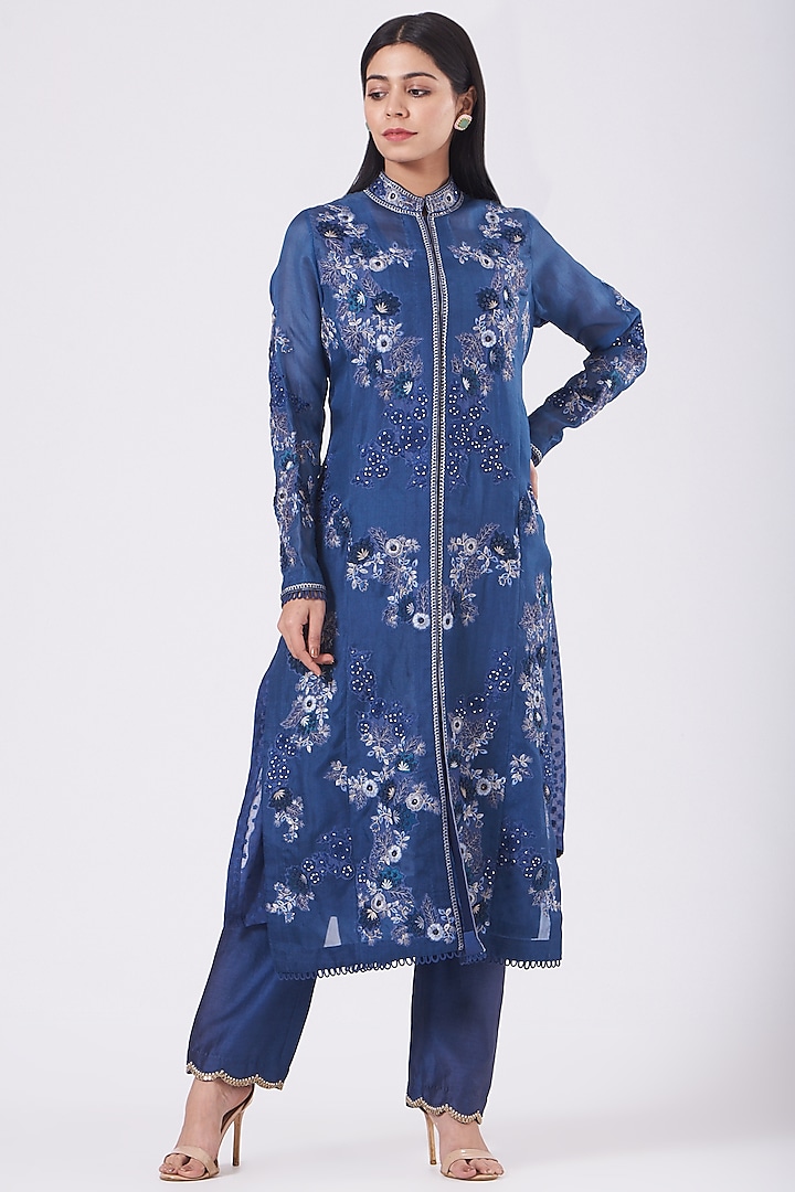 Cobalt Blue Jacket Kurta Set With Applique Work by Petticoat Lane