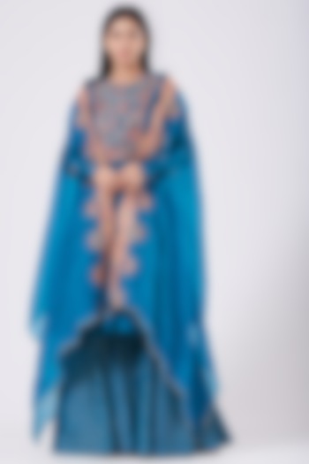 Turquoise Sharara Set With Embroidered Cape by Petticoat Lane