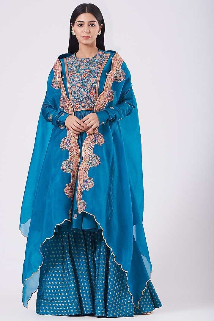 Turquoise Sharara Set With Embroidered Cape by Petticoat Lane