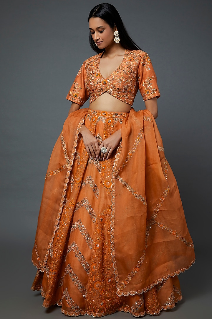 Orange Organza Embroidered Bridal Lehenga Set by Petticoat Lane at Pernia's Pop Up Shop