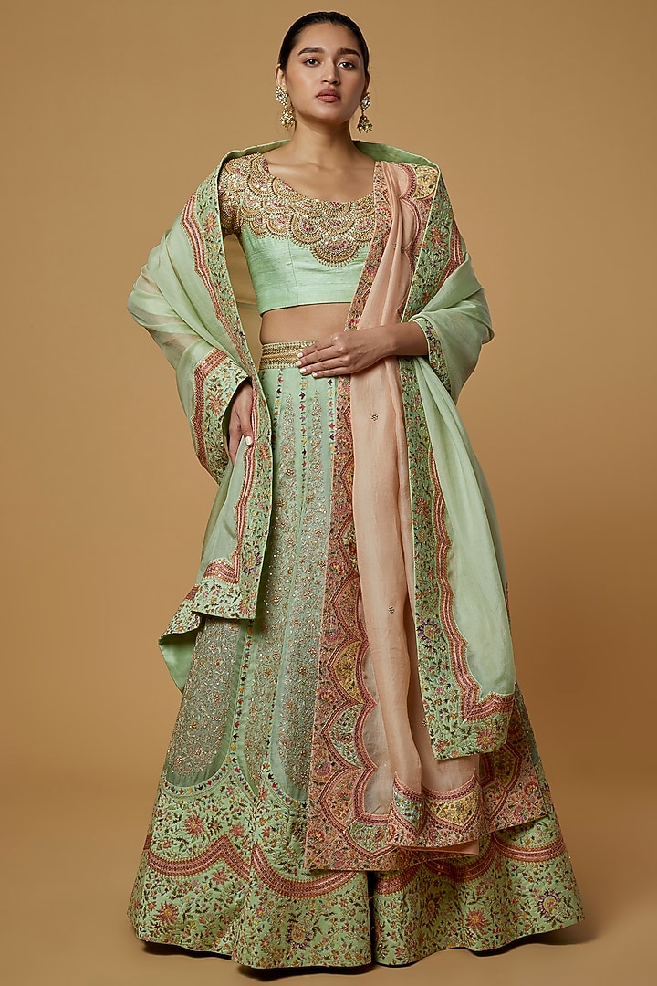 Mint Green Embroidered Bridal Lehenga Set by Petticoat Lane at Pernia's Pop Up Shop