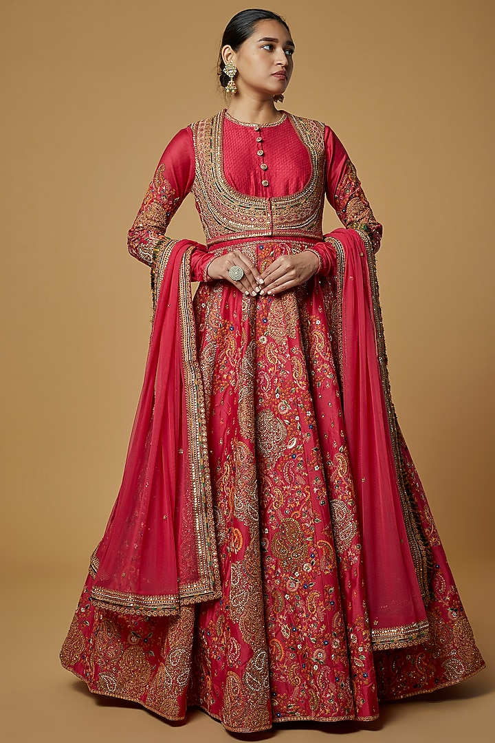 Red Printed Bridal Anarkali Set by Petticoat Lane at Pernia's Pop Up Shop