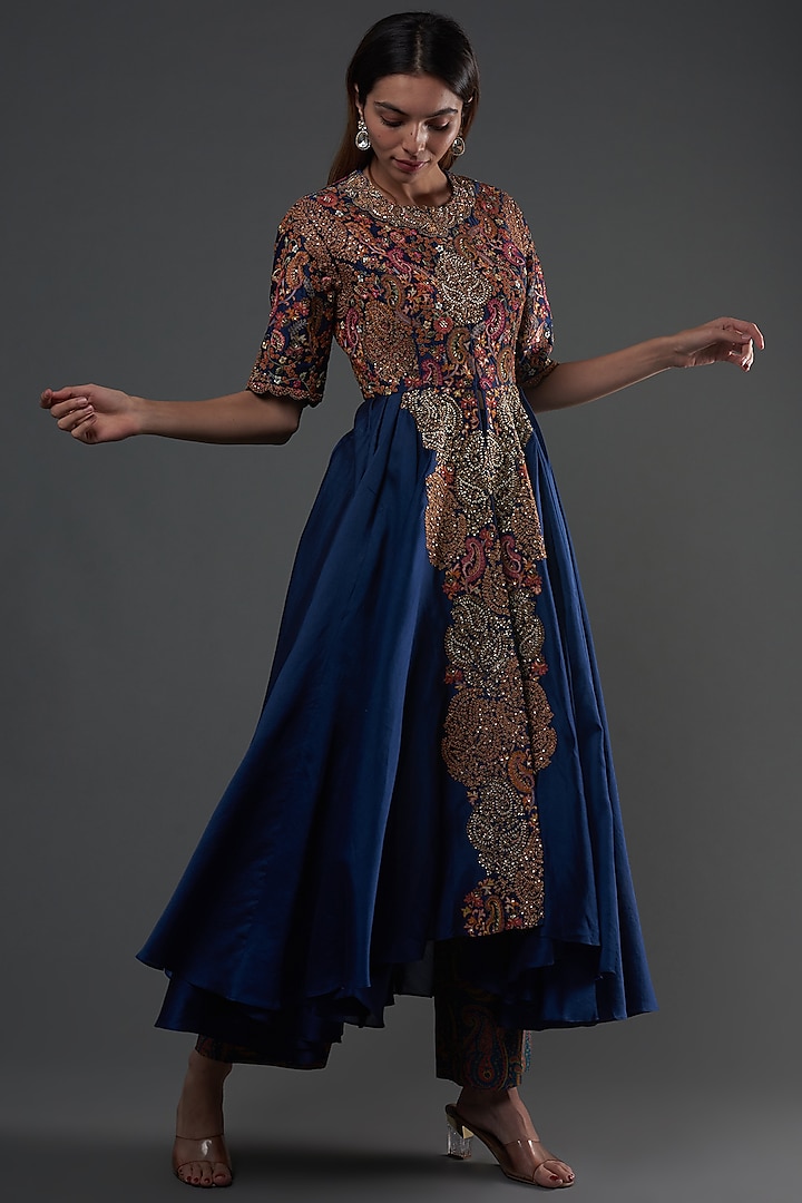 Blue Chanderi Kalidar Kurta Set by Petticoat Lane at Pernia's Pop Up Shop