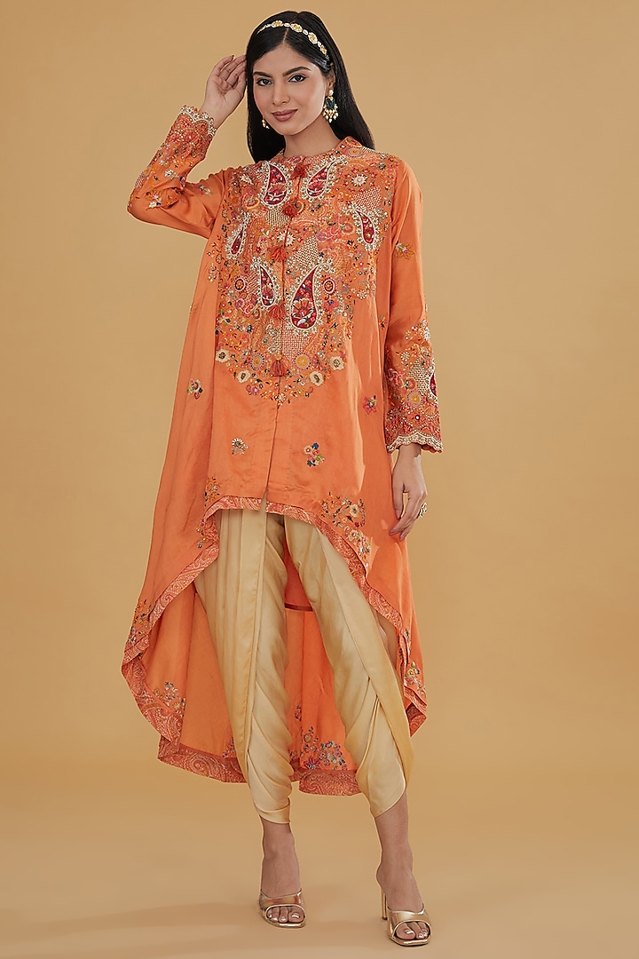 Orange Chanderi Embroidered Front Open Jacket Set by Petticoat Lane