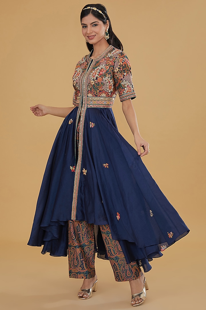 Blue Chanderi Embroidered Asymmetric Kalidar Anarkali Set by Petticoat Lane at Pernia's Pop Up Shop