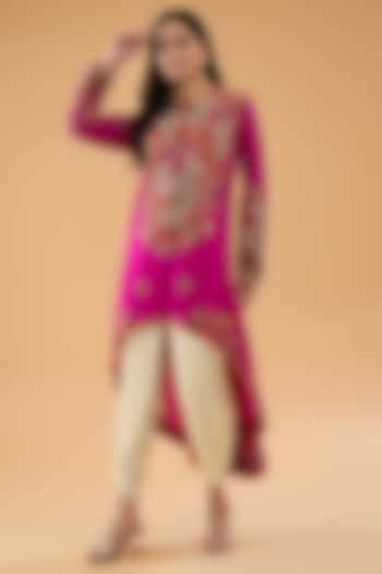 Pink Chanderi Trellis Embroidered High-Low Kurta Set by Petticoat Lane