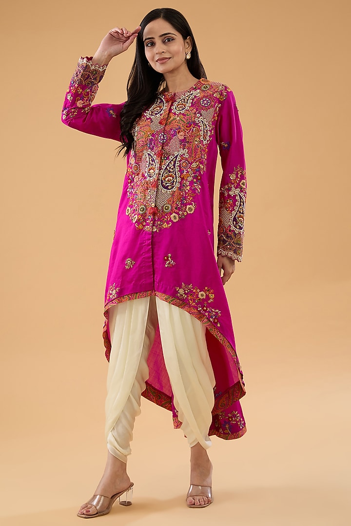 Pink Chanderi Trellis Embroidered High-Low Kurta Set by Petticoat Lane