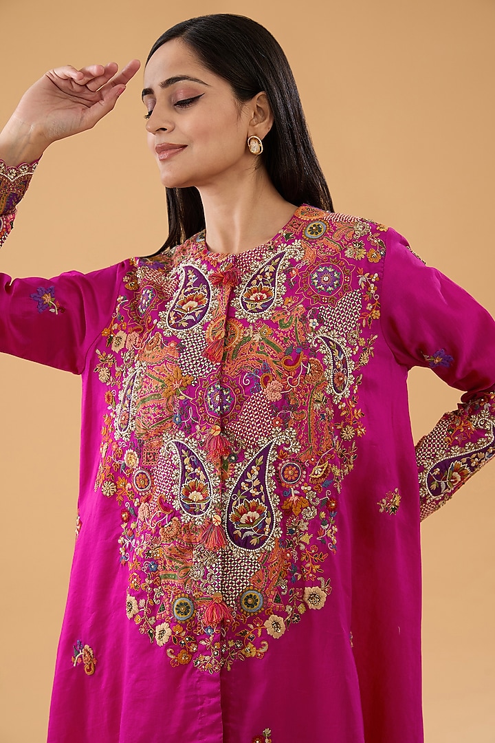 Pink Chanderi Trellis Embroidered High-Low Kurta Set by Petticoat Lane at Pernia's Pop Up Shop