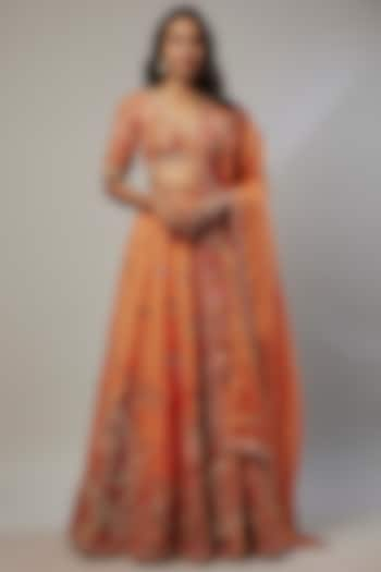 Orange Organza Dori Embroidered & Printed Bridal Lehenga Set by Petticoat Lane at Pernia's Pop Up Shop