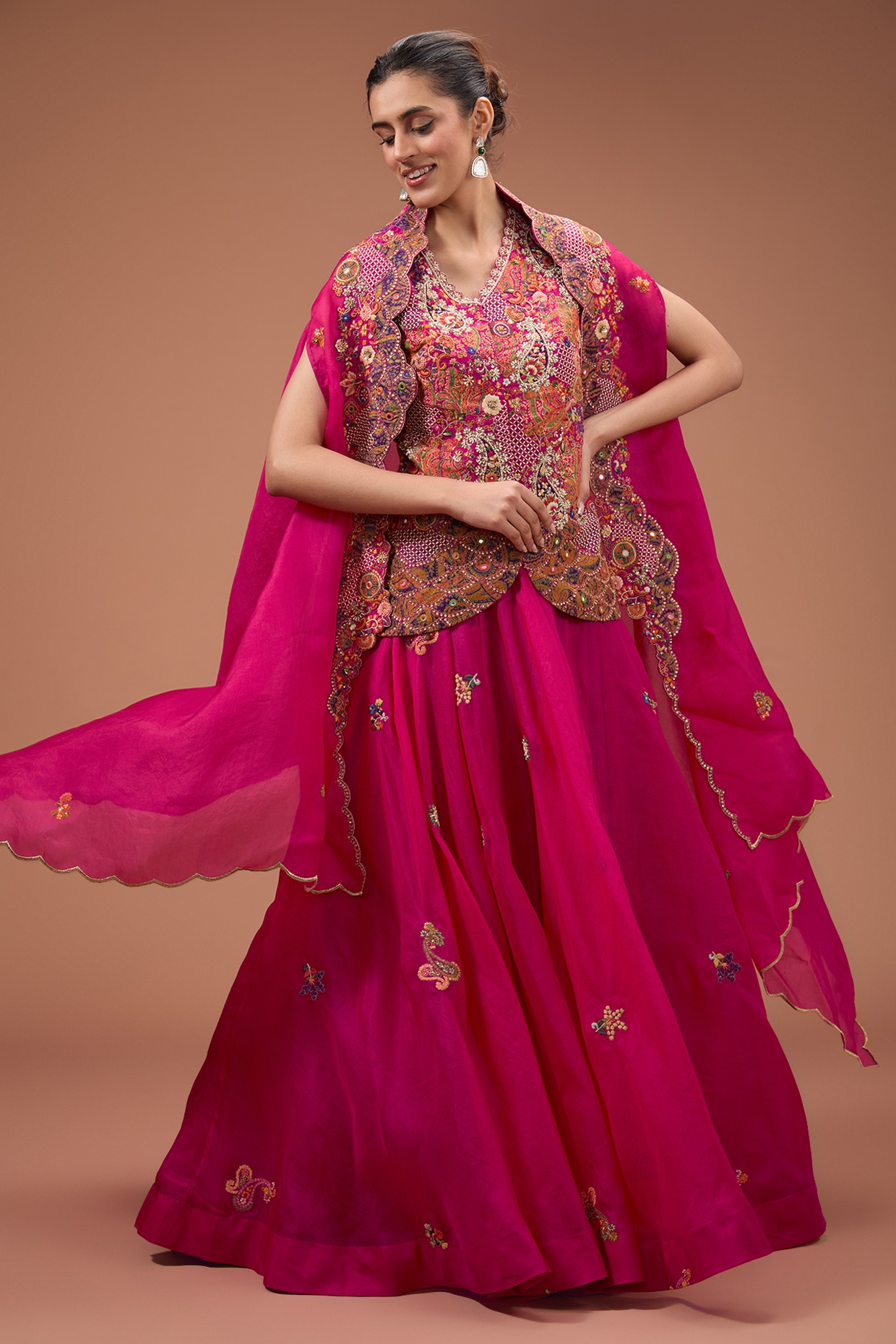 Buy Peach Silk Tissue Placement Embroidery Floral V Kurta And Lehenga Set  For Women by Itrh Online at Aza Fashions.