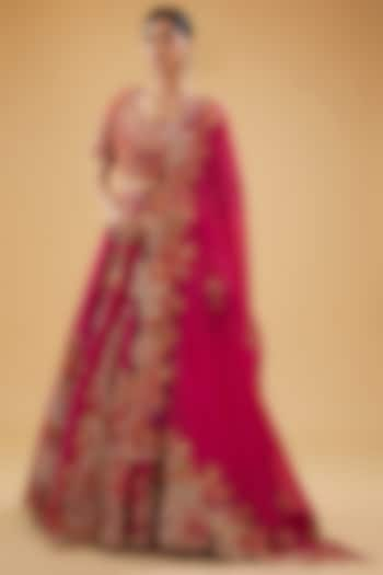 Fuchsia Dupion Embroidered & Patchwork Printed Bridal Lehenga Set by Petticoat Lane at Pernia's Pop Up Shop