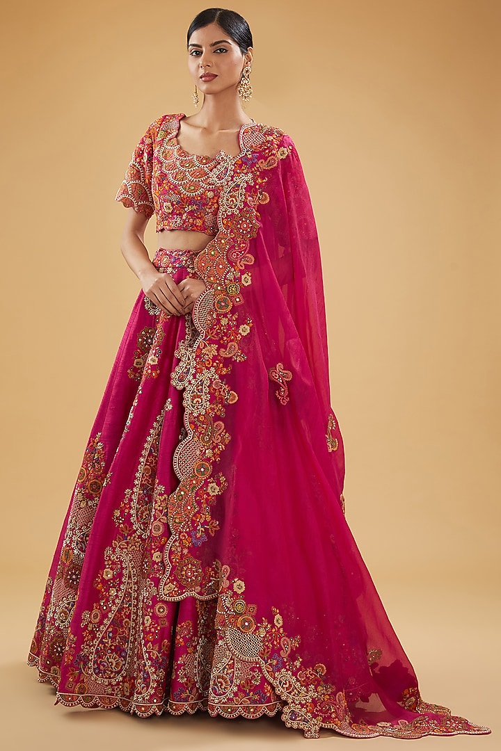 Fuchsia Dupion Embroidered & Patchwork Printed Bridal Lehenga Set by Petticoat Lane at Pernia's Pop Up Shop