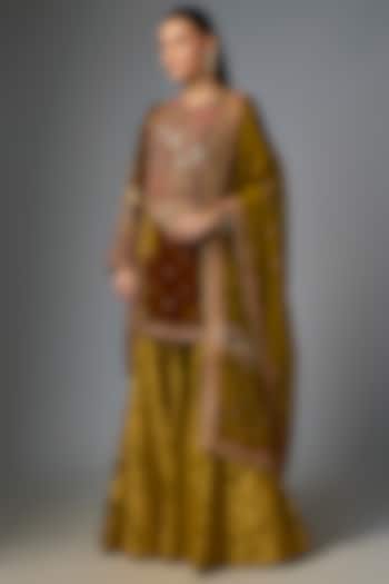 Champagne Velvet Embroidered Kurta Set by Petticoat Lane at Pernia's Pop Up Shop