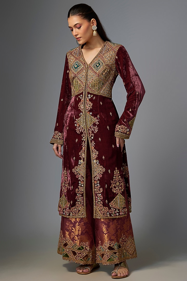 Mauve Velvet Embroidered Jacket Set by Petticoat Lane at Pernia's Pop Up Shop