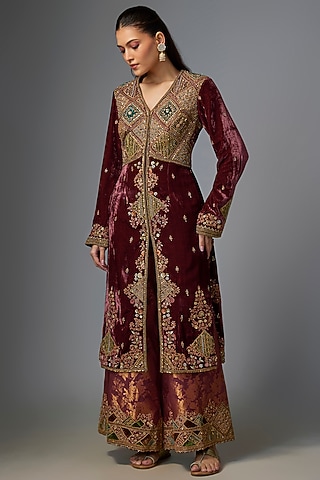 Mauve Velvet Embroidered Jacket Set by Petticoat Lane