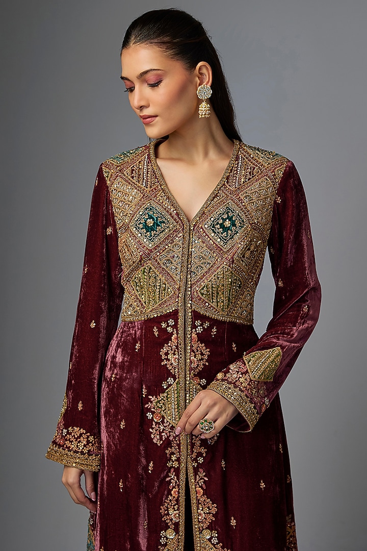 Mauve Velvet Embroidered Jacket Set by Petticoat Lane at Pernia's Pop Up Shop