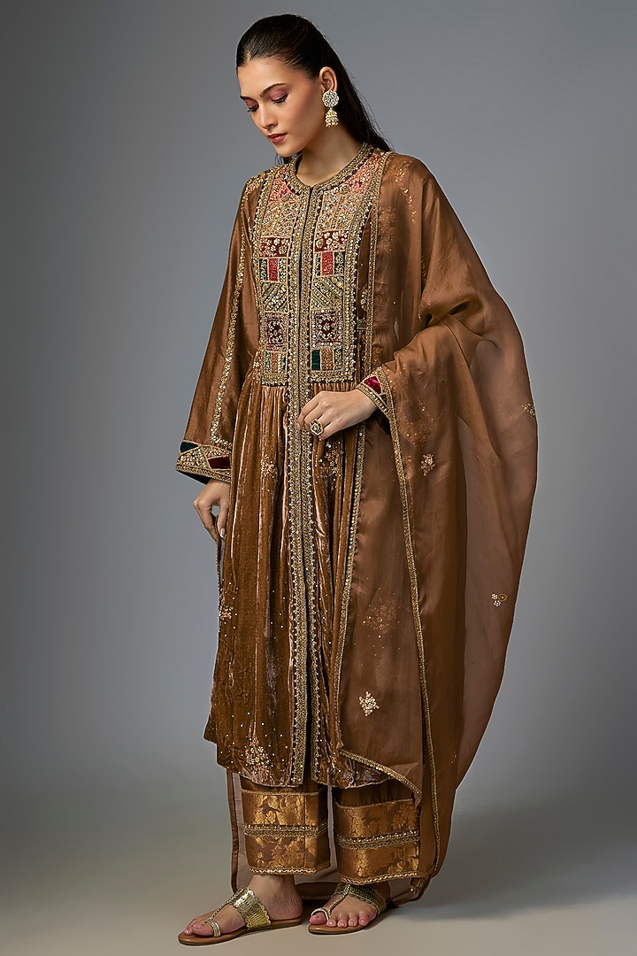 Tuscany Earthy Tone Velvet Embroidered Kurta Set by Petticoat Lane at Pernia's Pop Up Shop