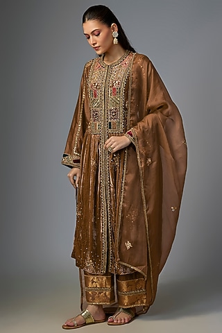 Tuscany Earthy Tone Velvet Embroidered Kurta Set by Petticoat Lane