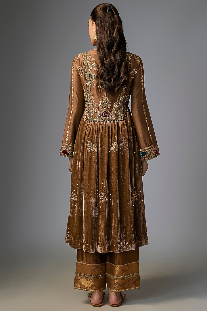Tuscany Earthy Tone Velvet Embroidered Kurta Set by Petticoat Lane at Pernia's Pop Up Shop