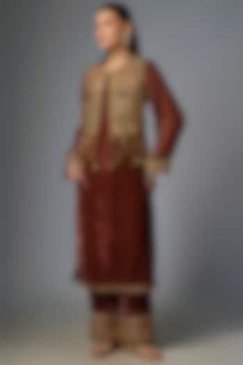 Dark Rust Velvet Embroidered Jacket Kurta Set by Petticoat Lane at Pernia's Pop Up Shop