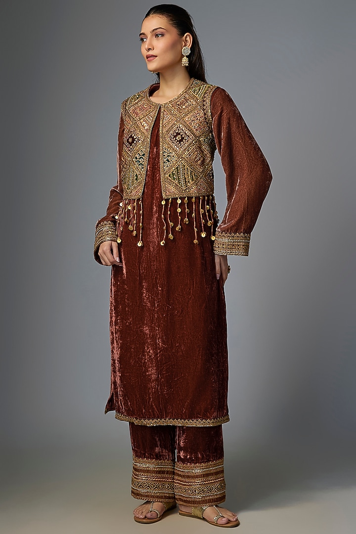 Dark Rust Velvet Embroidered Jacket Kurta Set by Petticoat Lane at Pernia's Pop Up Shop