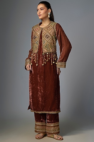 Dark Rust Velvet Embroidered Jacket Kurta Set by Petticoat Lane
