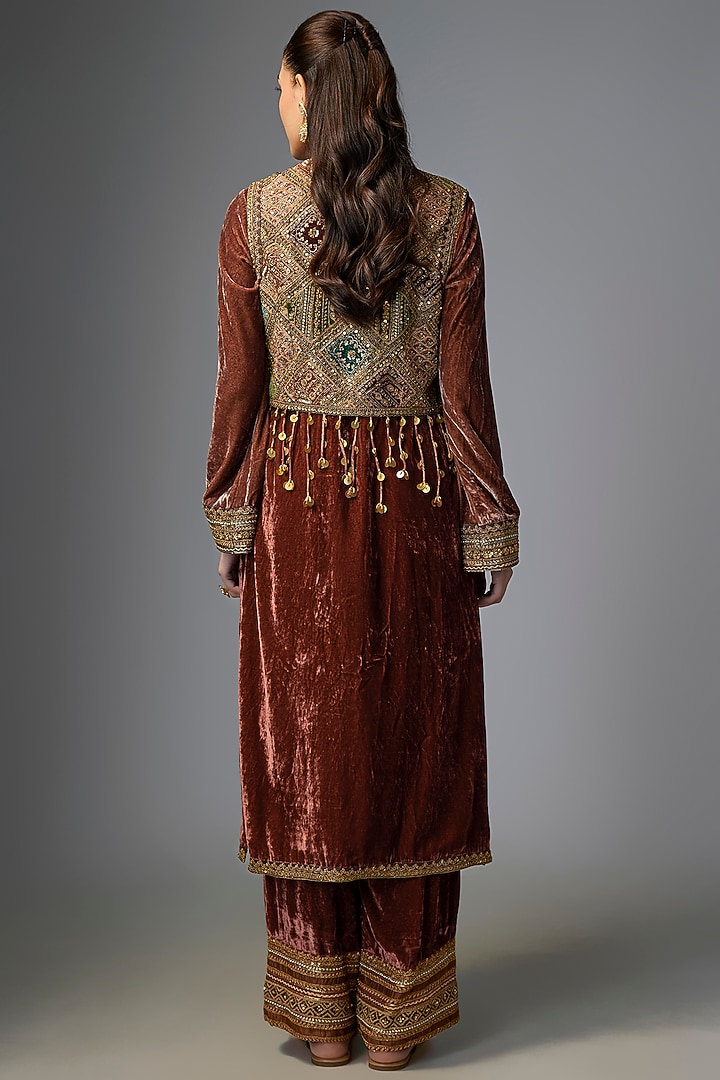 Dark Rust Velvet Embroidered Jacket Kurta Set by Petticoat Lane at Pernia's Pop Up Shop