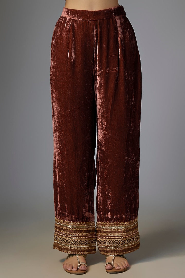 Dark Rust Velvet Embroidered Jacket Kurta Set by Petticoat Lane at Pernia's Pop Up Shop