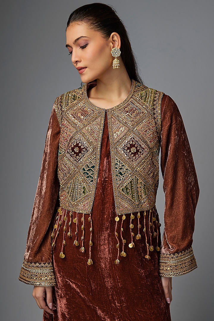 Dark Rust Velvet Embroidered Jacket Kurta Set by Petticoat Lane at Pernia's Pop Up Shop