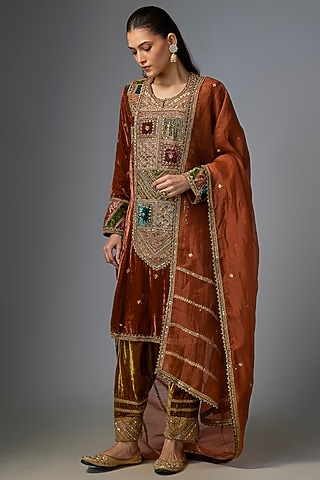 Dark Rust Velvet Embroidered Kurta Set by Petticoat Lane