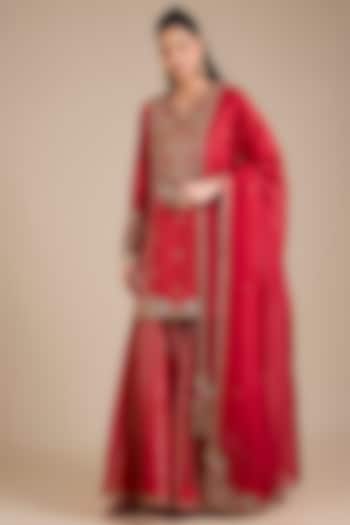 Red Chanderi Embroidered Bridal Sharara Set by Petticoat Lane at Pernia's Pop Up Shop