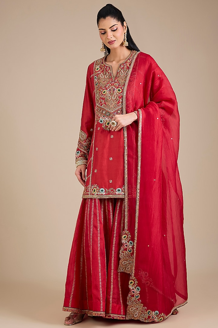 Red Chanderi Embroidered Bridal Sharara Set by Petticoat Lane at Pernia's Pop Up Shop