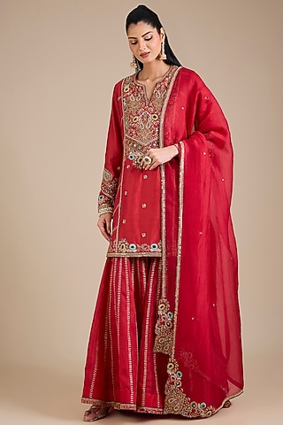 Red Chanderi Embroidered Sharara Set by Petticoat Lane