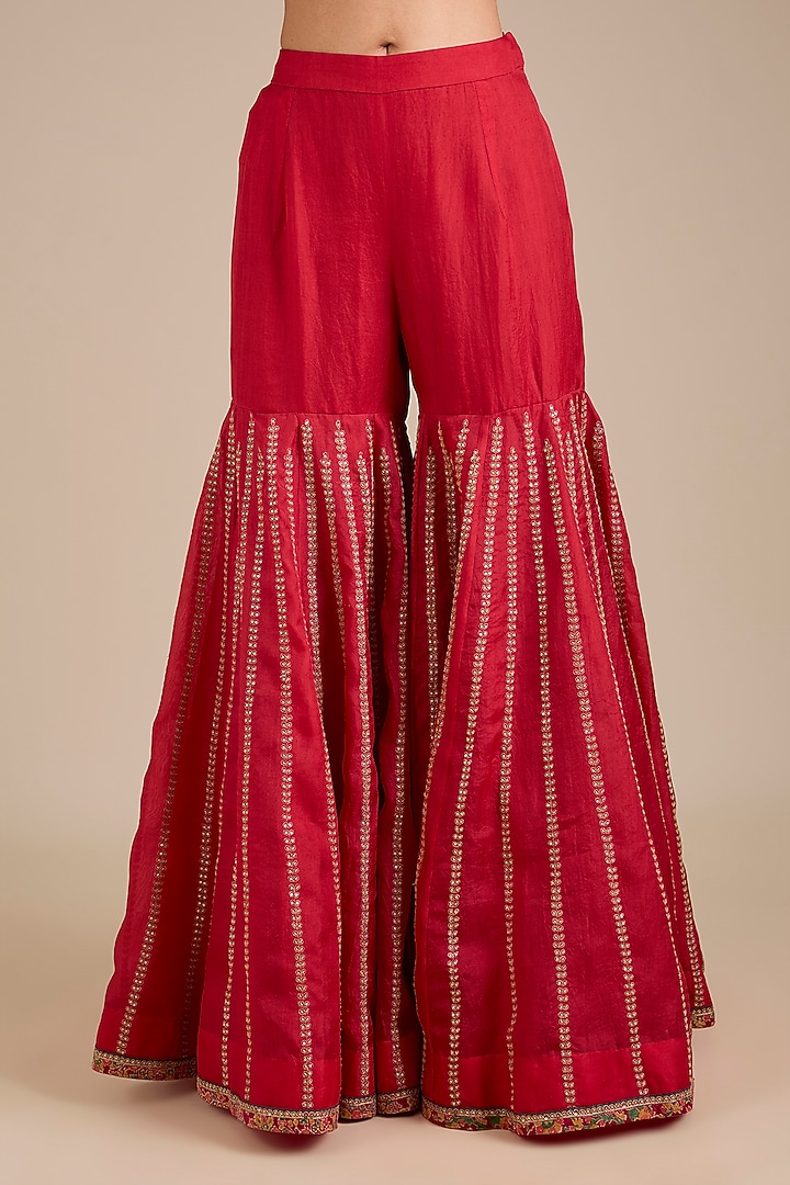 Red Chanderi Embroidered Bridal Sharara Set by Petticoat Lane at Pernia's Pop Up Shop