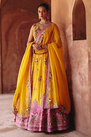 Rust Organza Embroidered Lehenga Set by Petticoat Lane
