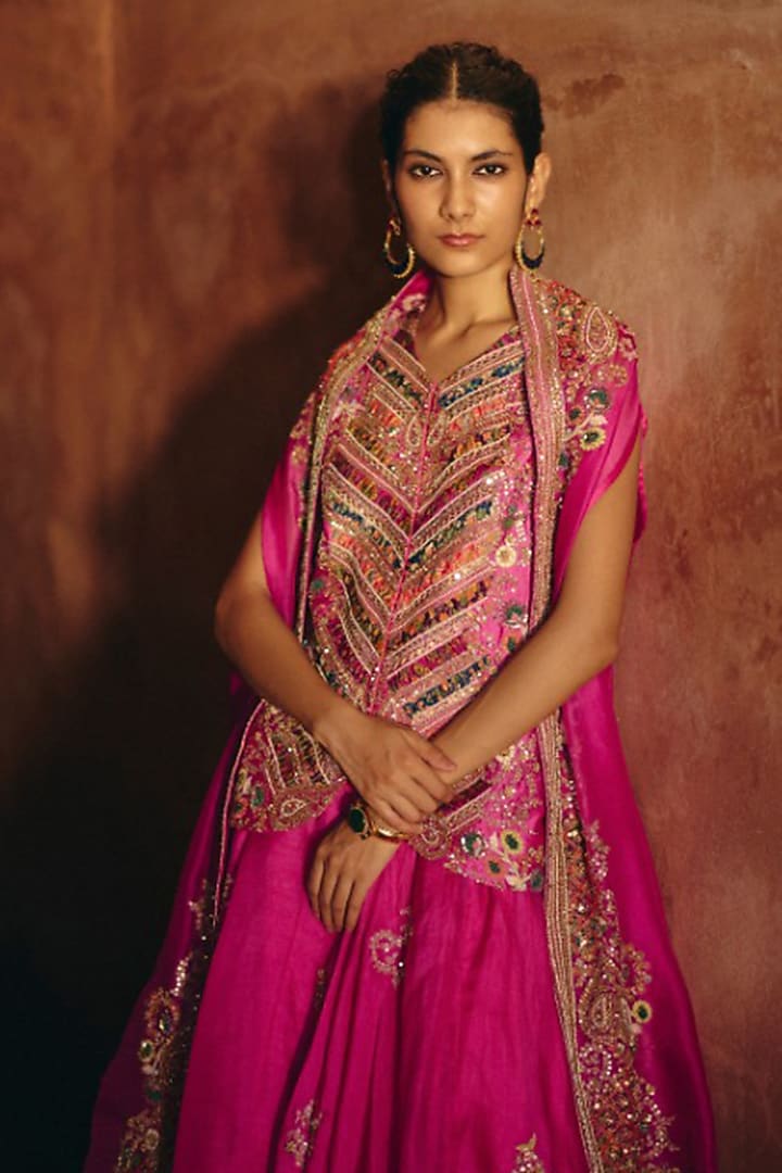 Pink Chanderi Embroidered Skirt Set by Petticoat Lane at Pernia's Pop Up Shop