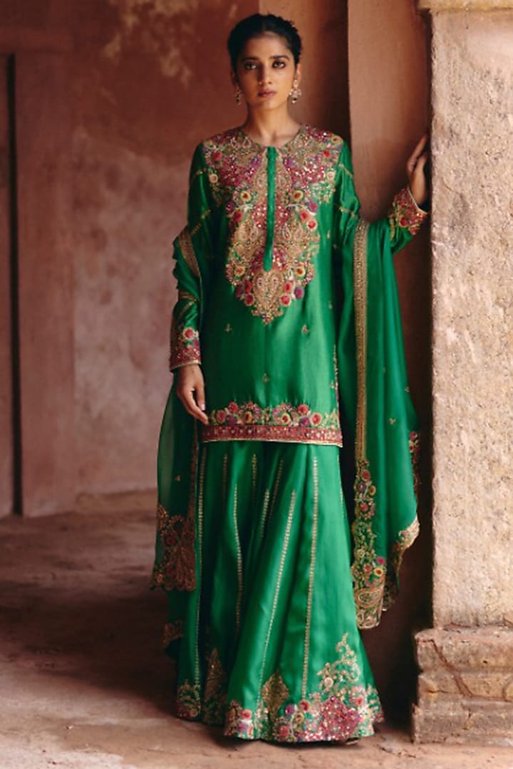 Green Chanderi Embroidered Bridal Sharara Set by Petticoat Lane at Pernia's Pop Up Shop