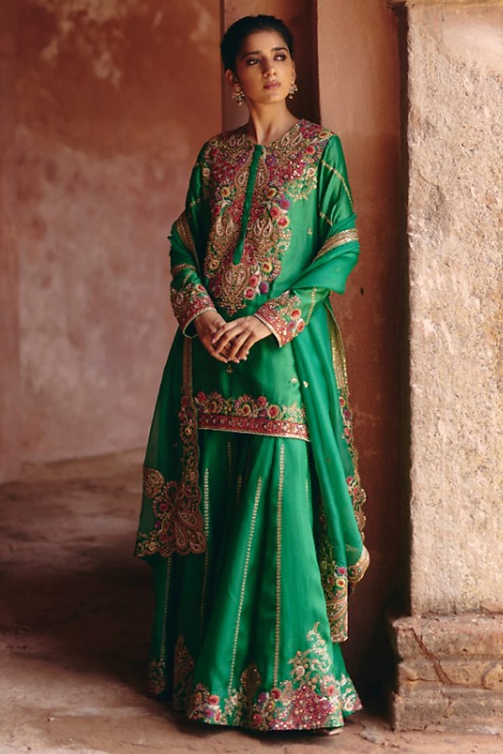 Green Chanderi Embroidered Bridal Sharara Set by Petticoat Lane at Pernia's Pop Up Shop