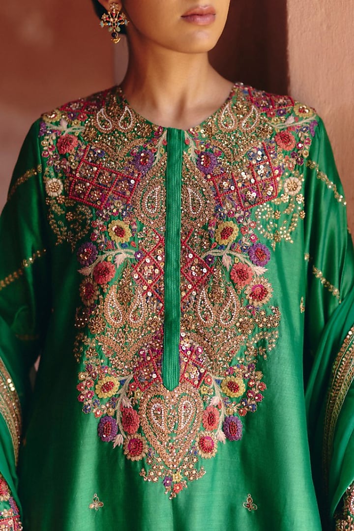 Green Chanderi Embroidered Bridal Sharara Set by Petticoat Lane at Pernia's Pop Up Shop